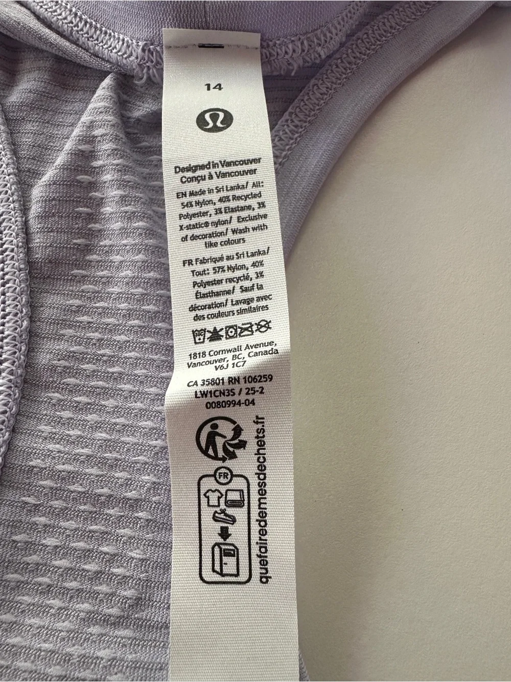 Lululemon Swiftly Tech Racerback Tank 2.0 Race Length Lavender Size 14 NWT